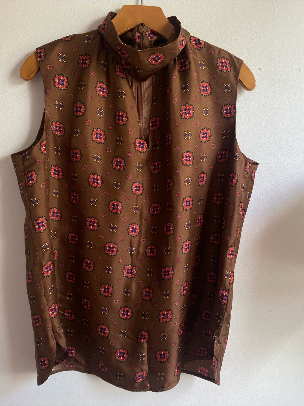 Silk Mock Neck Brown Floral-Print Sleeveless Camisole